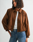 Camel Suede Snap Front Dolman Jacket
