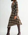 Brown Plaid Long Sleeve Asymmetric Hem Dress