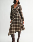 Brown Plaid Long Sleeve Asymmetric Hem Dress