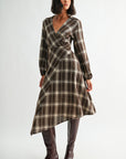 Brown Plaid Long Sleeve Asymmetric Hem Dress