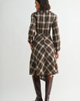 Brown Plaid Long Sleeve Asymmetric Hem Dress