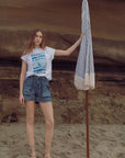 White Raglan Sleeve Graphic Tee and Medium Indigo Denim Utility Short