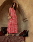 Red Multi Print Print Tiered V-Neck Maxi Dress