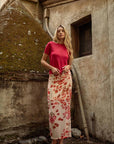 Pink Multi Print Ruched Mesh Skirt