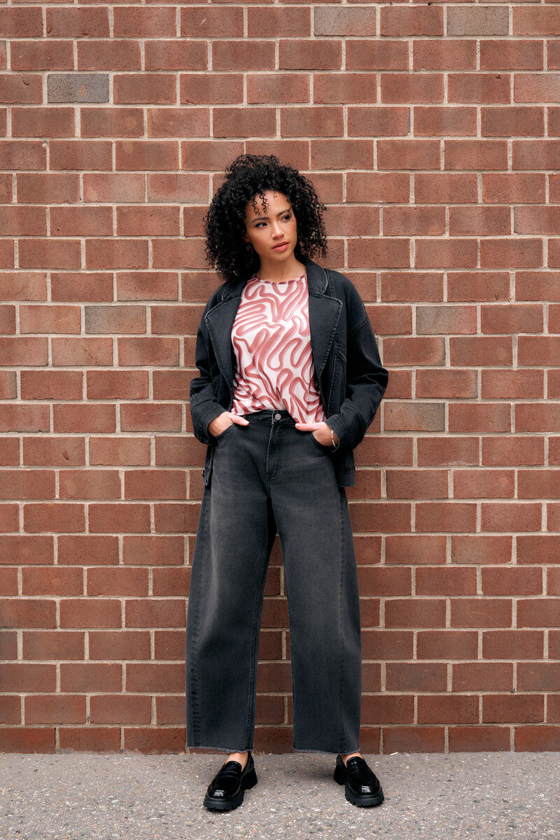 Ivory and Maroon Abstract Print Crew Neck Long Sleeve Top