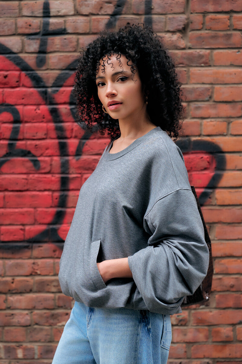 Heather Gray shirred hem long sleeve sweatshirt