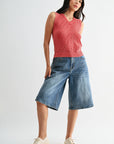 Sleeveless Acid Wash Crochet Top Red