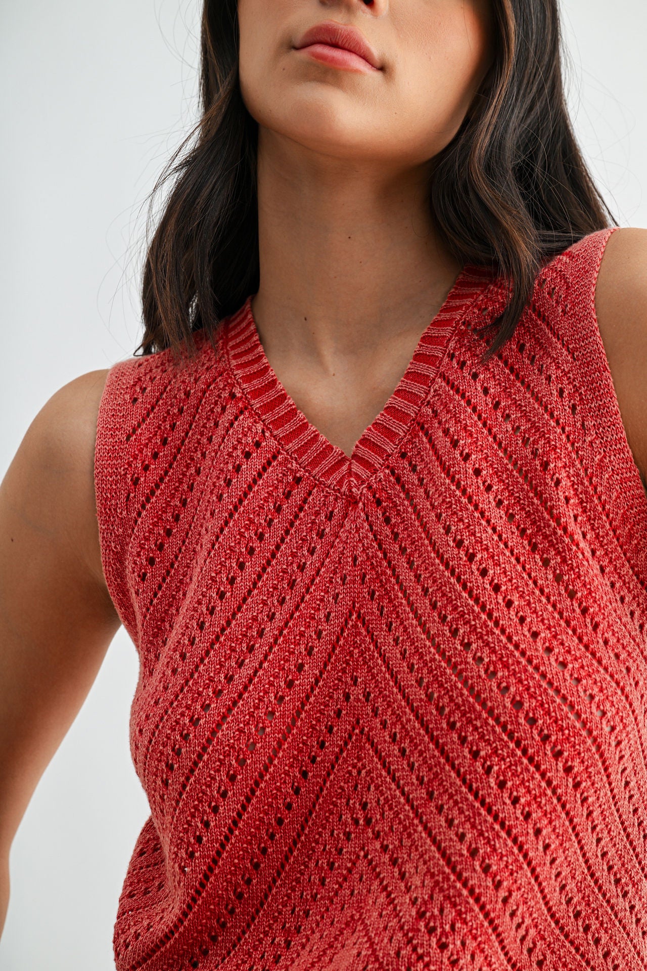 Sleeveless Acid Wash Crochet Top Red