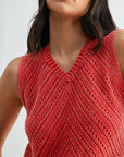 Sleeveless Acid Wash Crochet Top Red
