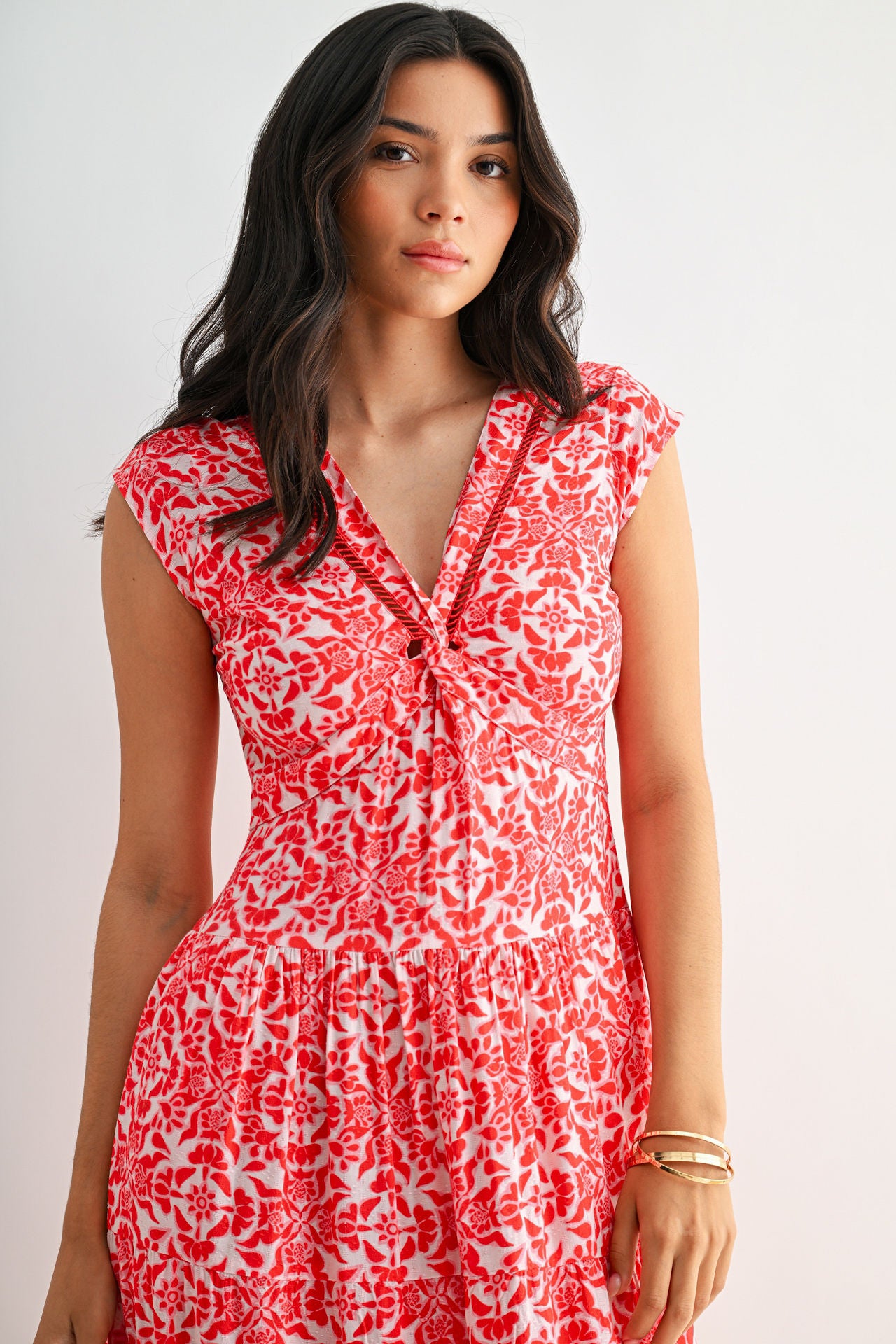 Red Multi Print Print Tiered V-Neck Maxi Dress