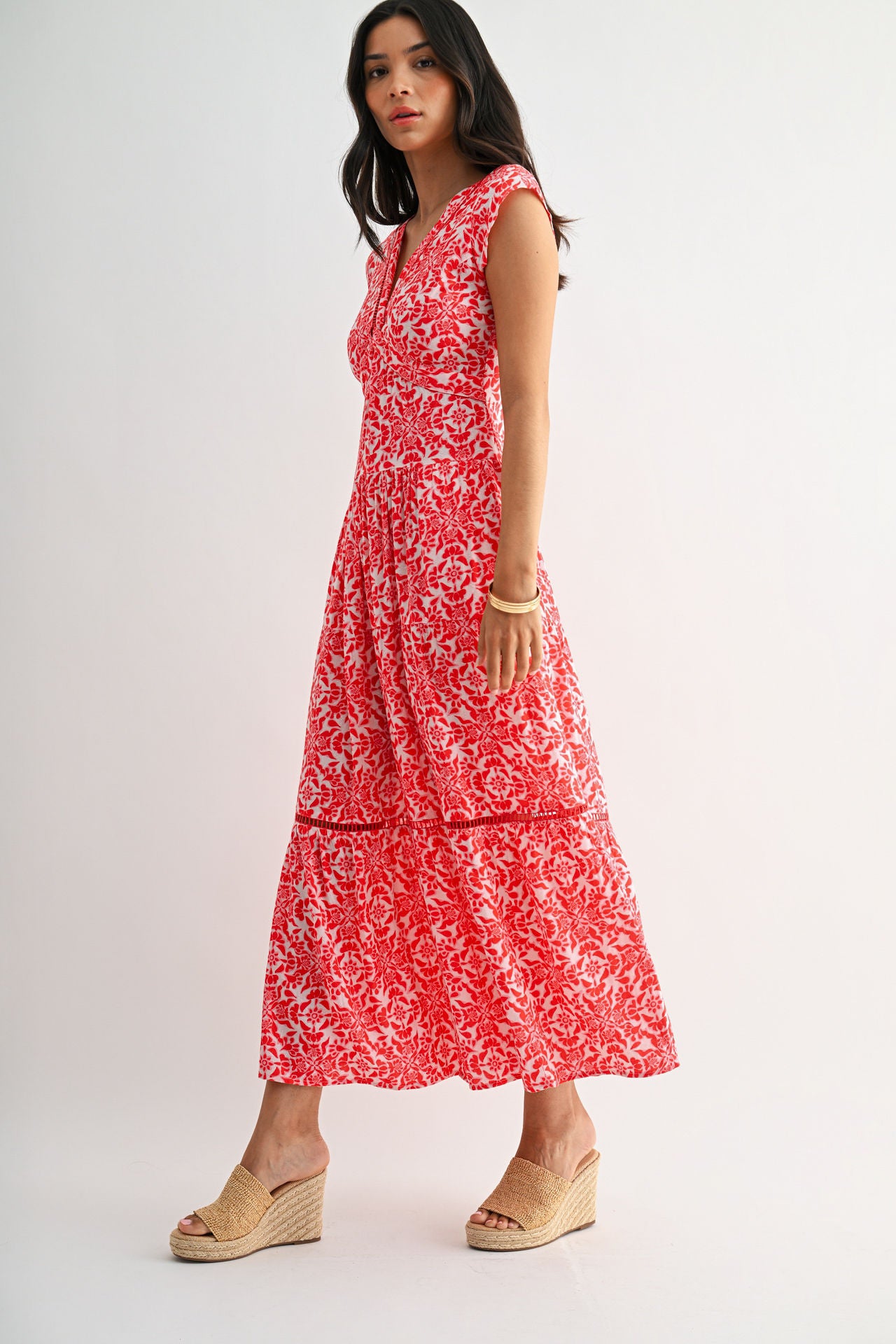 Red Multi Print Print Tiered V-Neck Maxi Dress