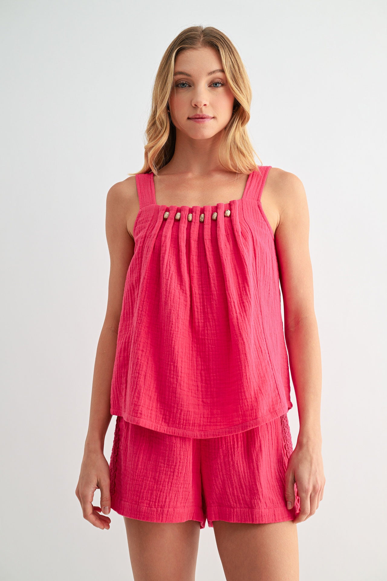 Bright Rose Beaded Neck A-Line Top