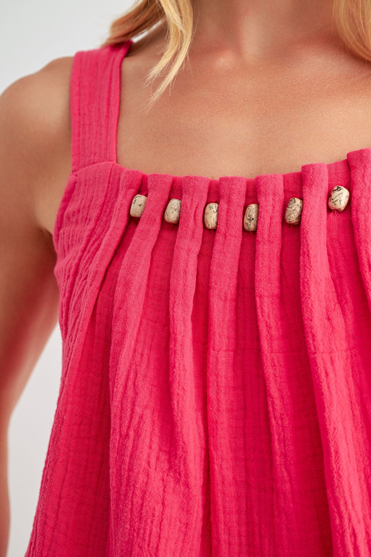 Bright Rose Beaded Neck A-Line Top