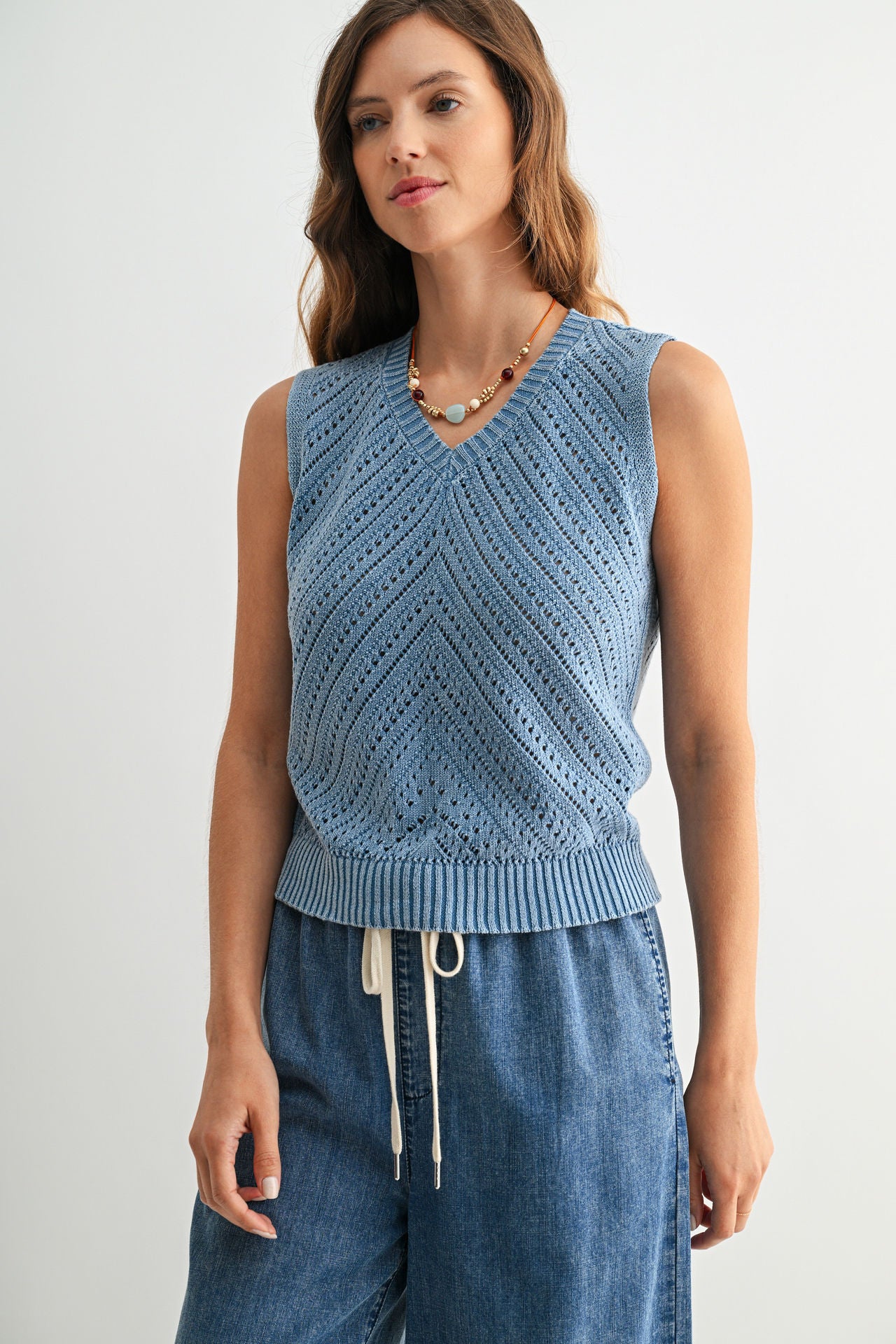 Sleeveless Acid Wash Crochet Top Ocean