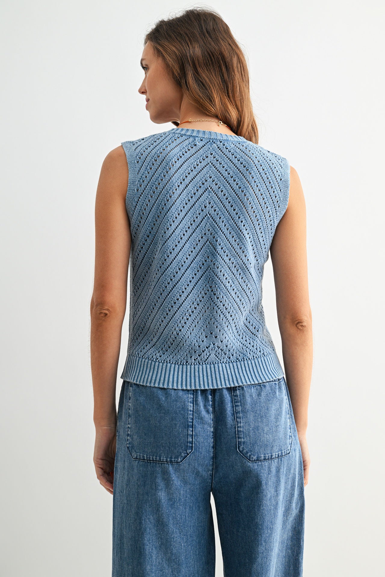 Sleeveless Acid Wash Crochet Top Ocean