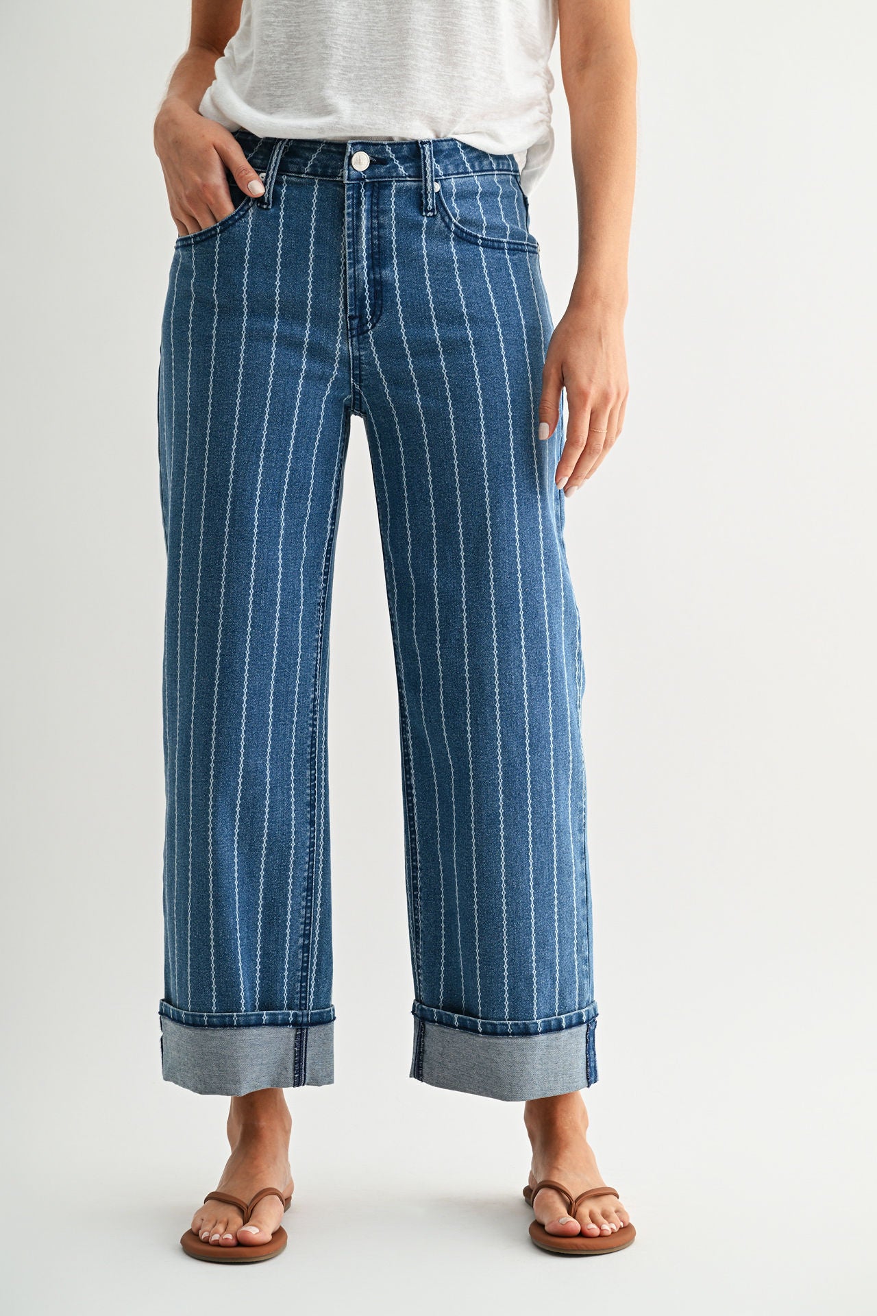 Striped Straight Leg Cropped Jean Indigo Denim