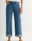 Striped Straight Leg Cropped Jean Indigo Denim