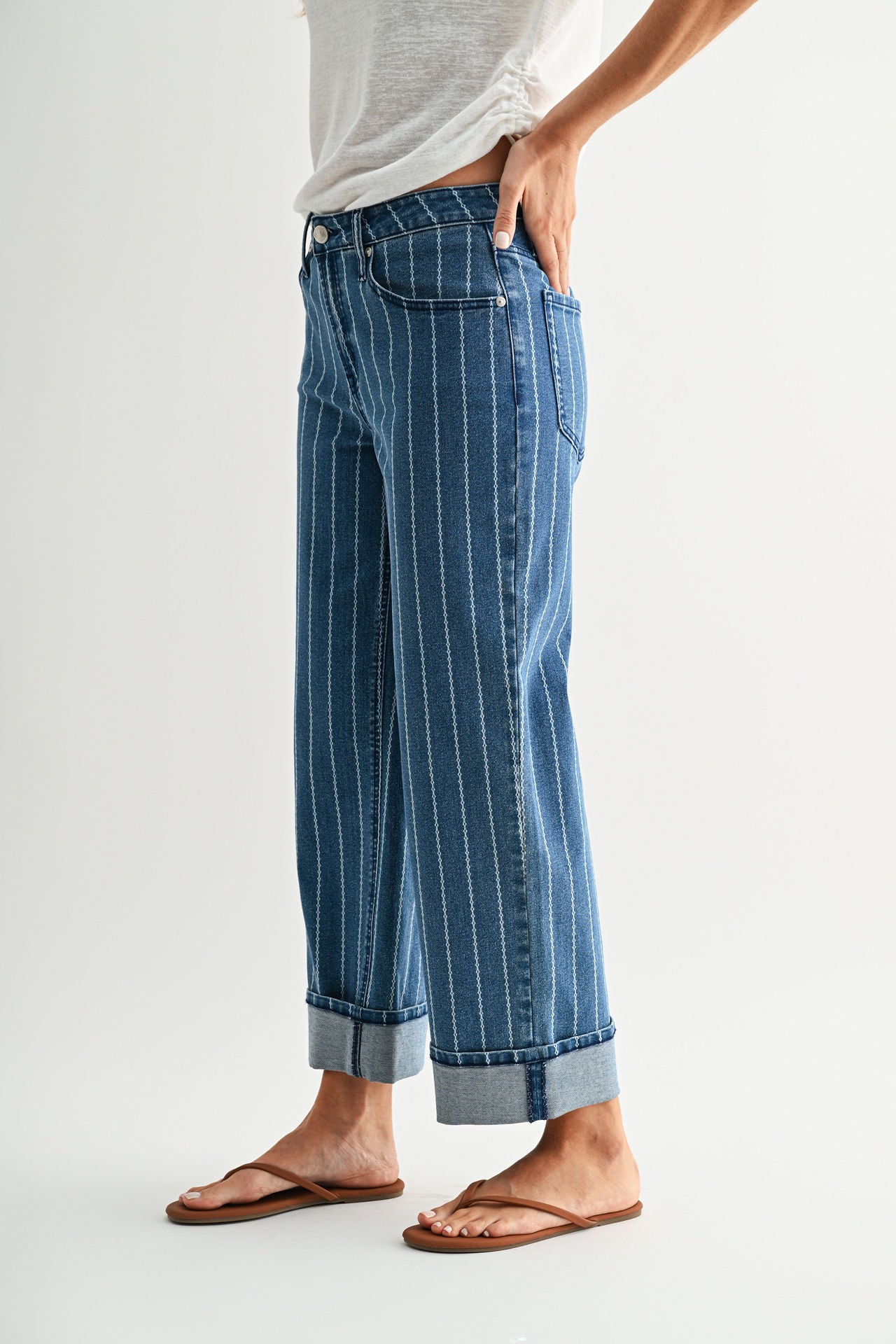 Striped Straight Leg Cropped Jean Indigo Denim