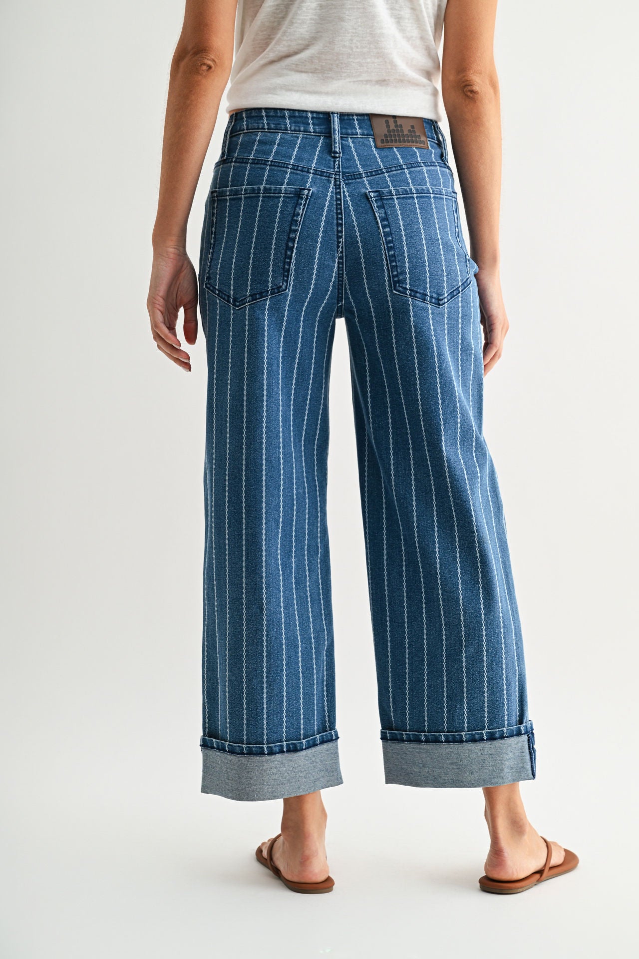 Striped Straight Leg Cropped Jean Indigo Denim