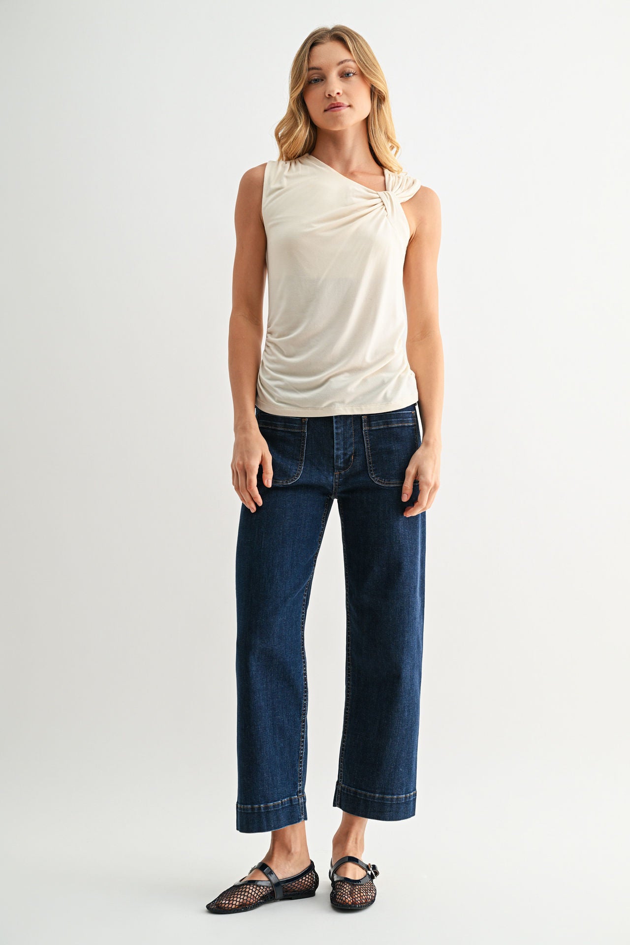 Asymmetric Neck Knit Top Beige