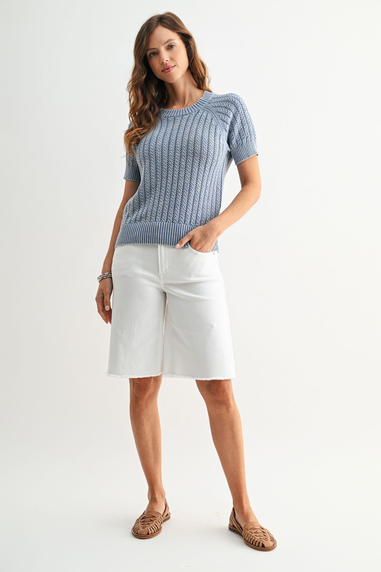 Ocean Short Sleeve Acid Wash Crochet Top