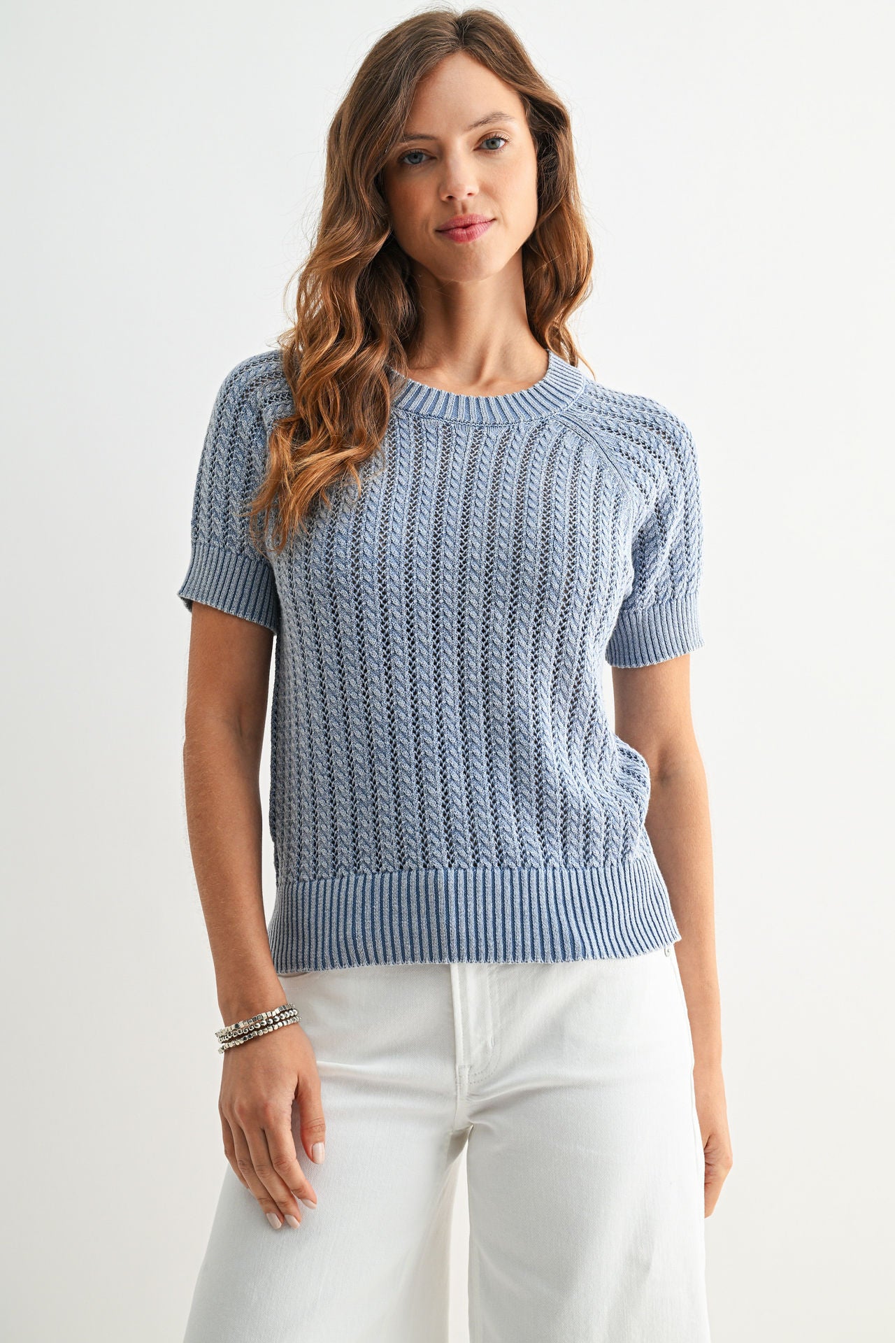 Ocean Short Sleeve Acid Wash Crochet Top