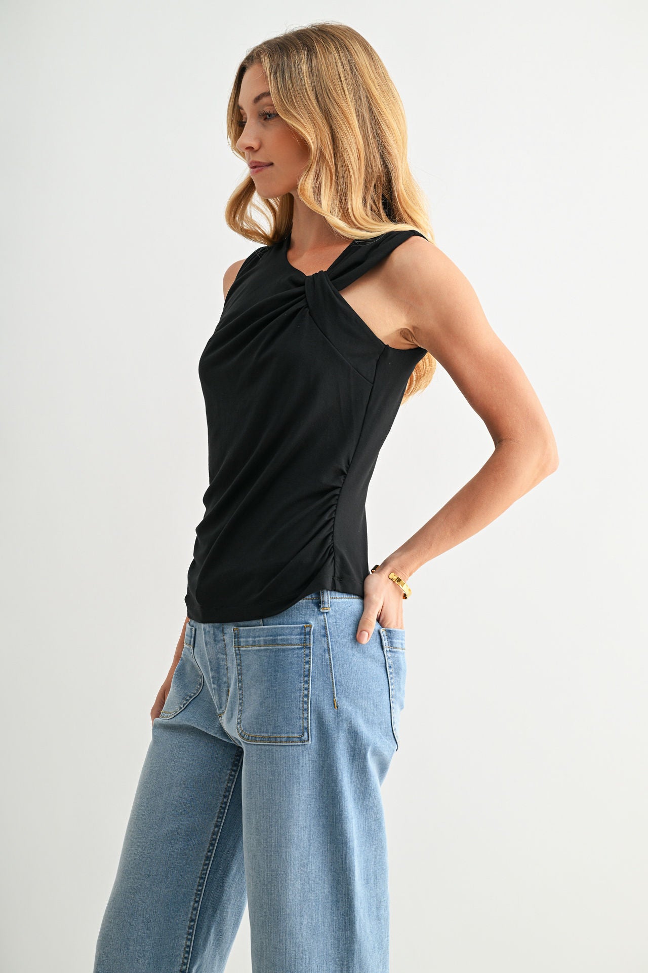 Asymmetric Neck Knit Top Black