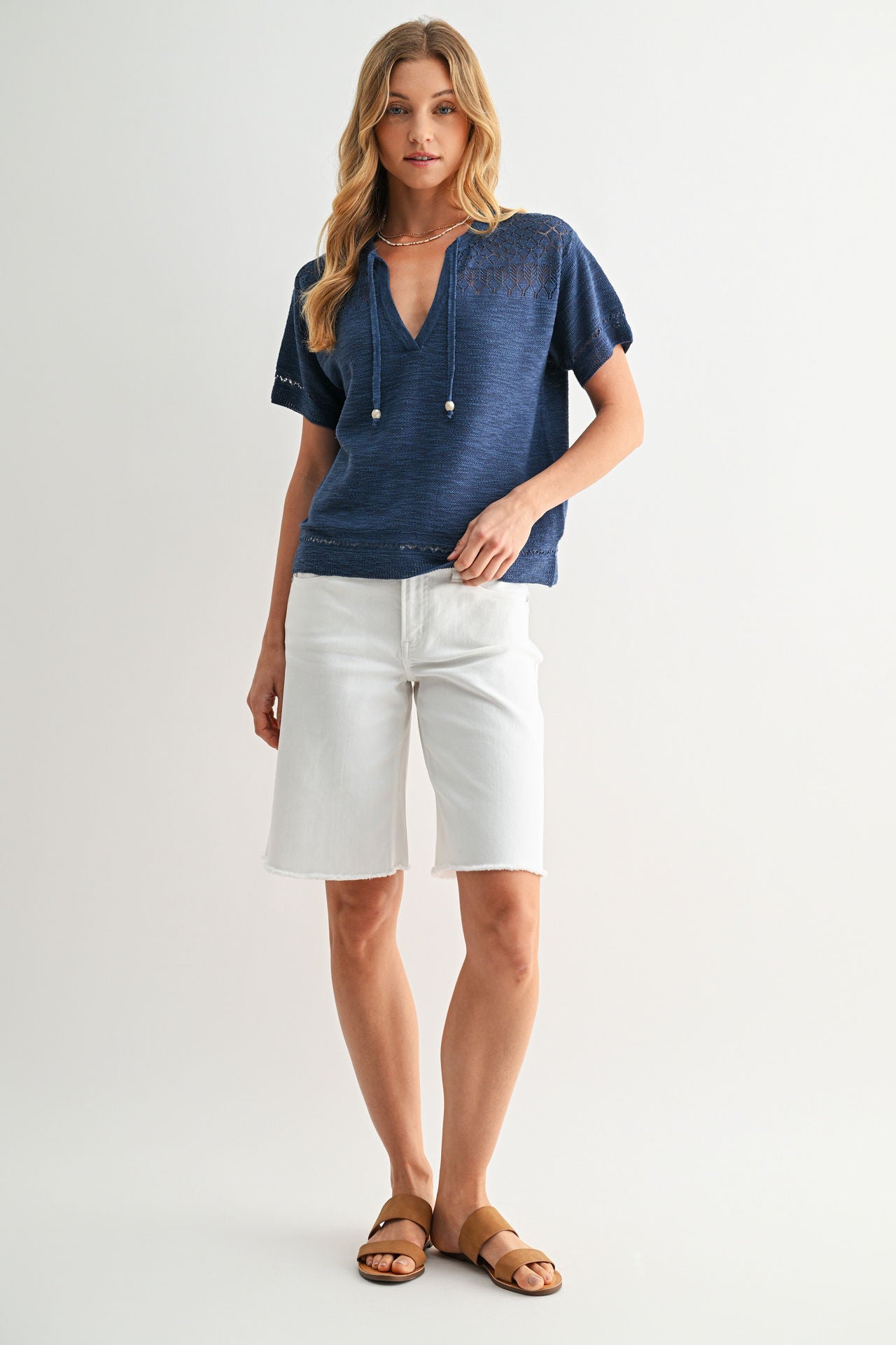Cadet Blue Tie Neck Pointelle Top