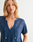Cadet Blue Tie Neck Pointelle Top