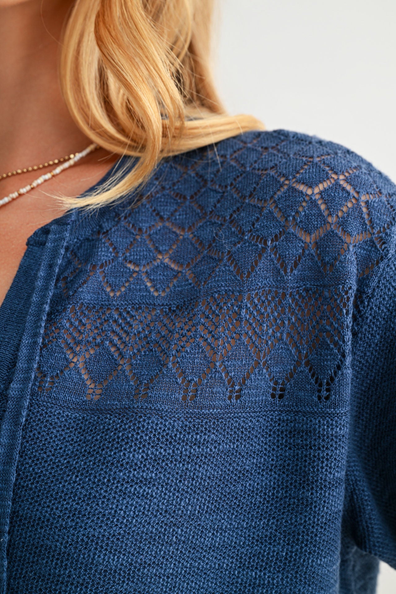 Cadet Blue Tie Neck Pointelle Top