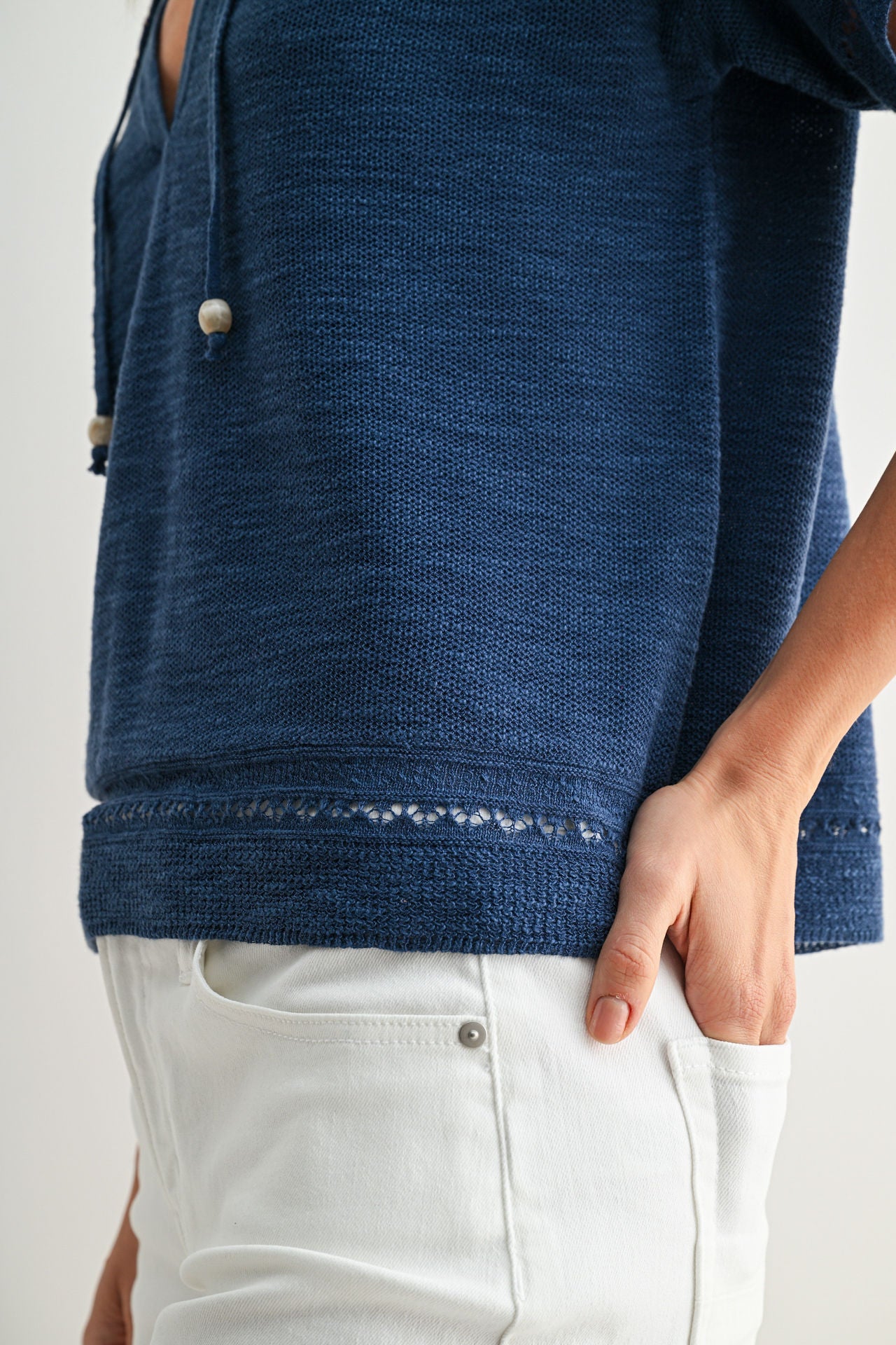 Cadet Blue Tie Neck Pointelle Top