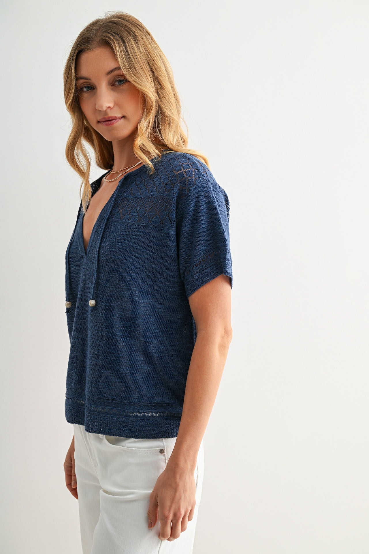 Cadet Blue Tie Neck Pointelle Top