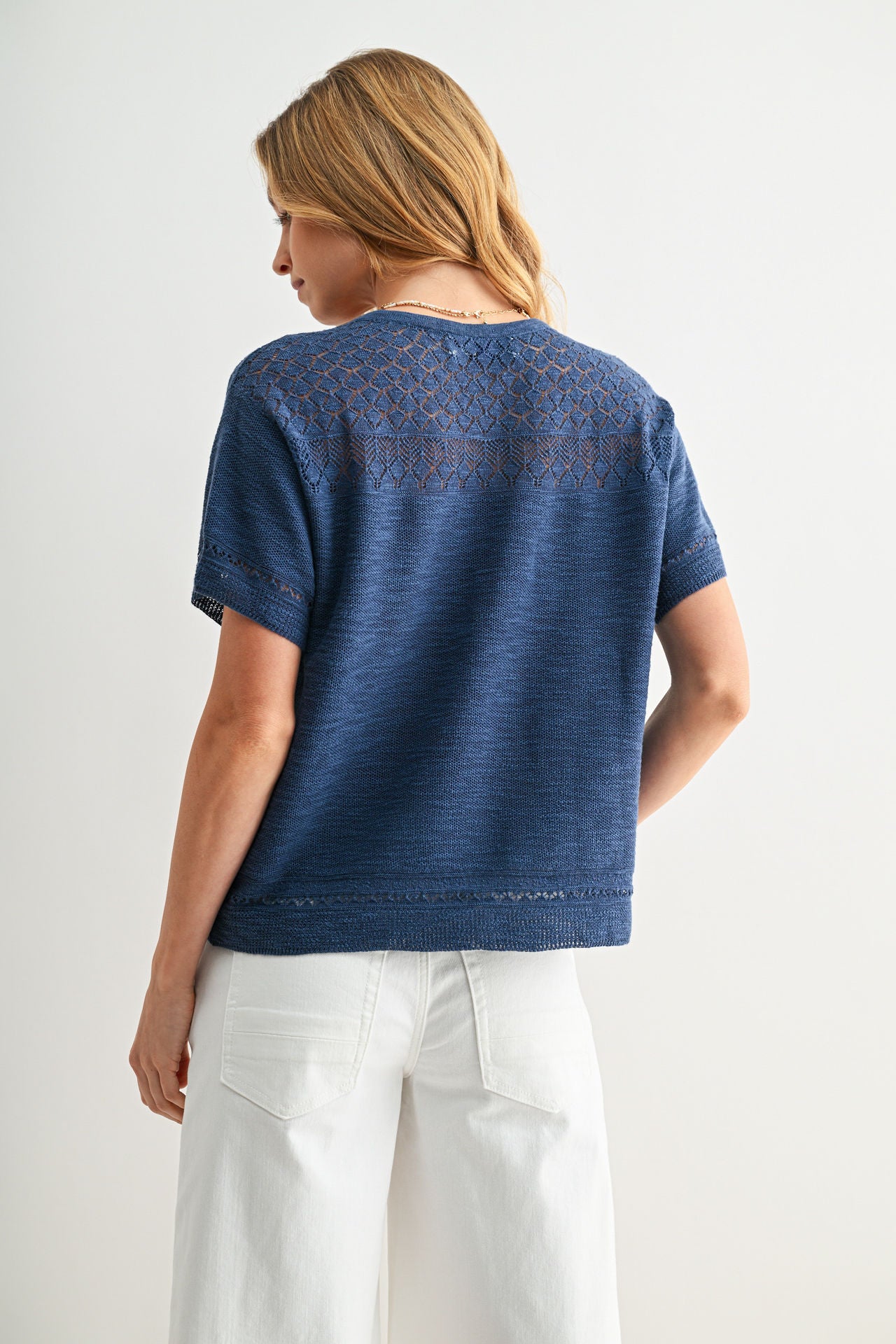 Cadet Blue Tie Neck Pointelle Top