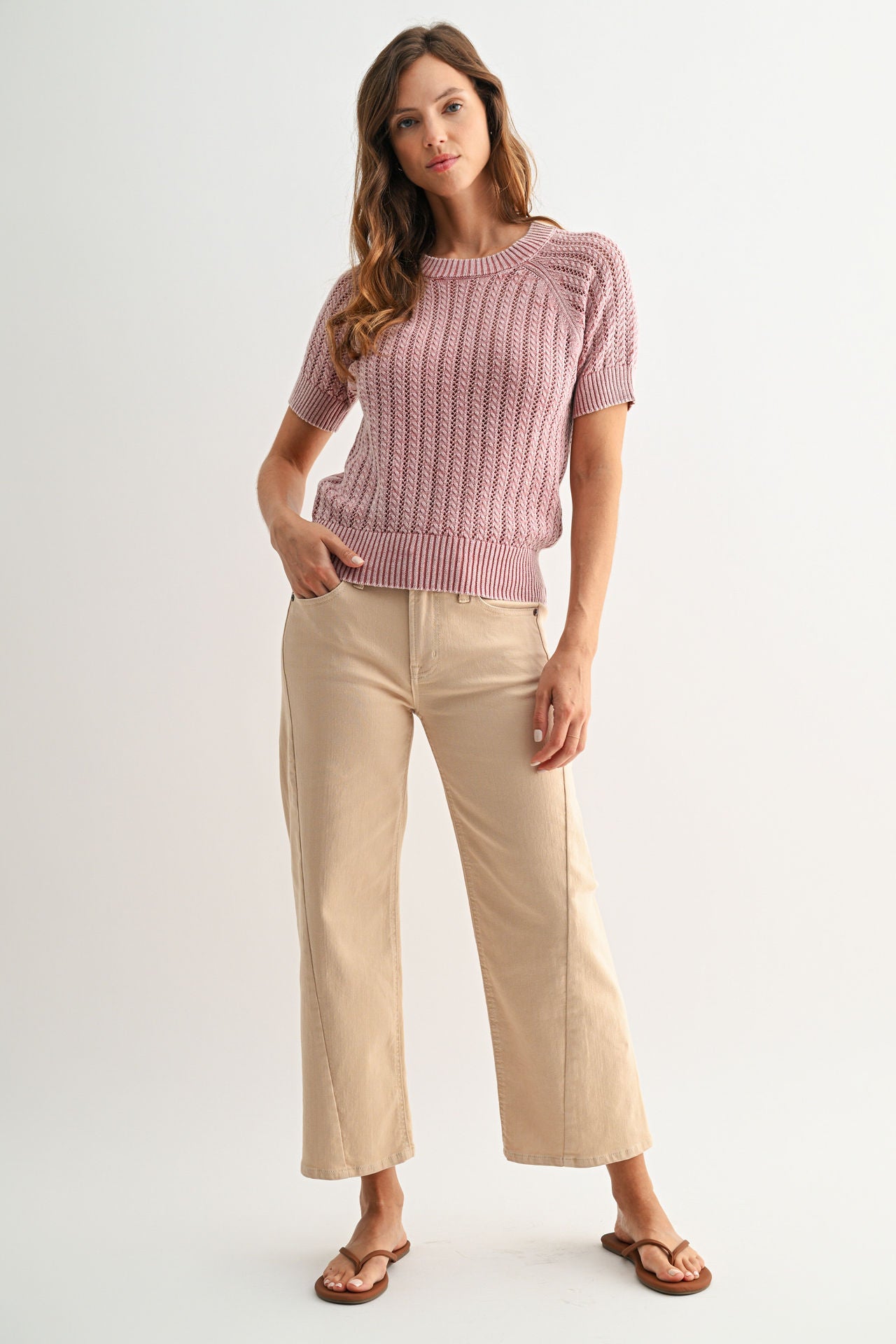 Conch Short Sleeve Acid Wash Crochet Top