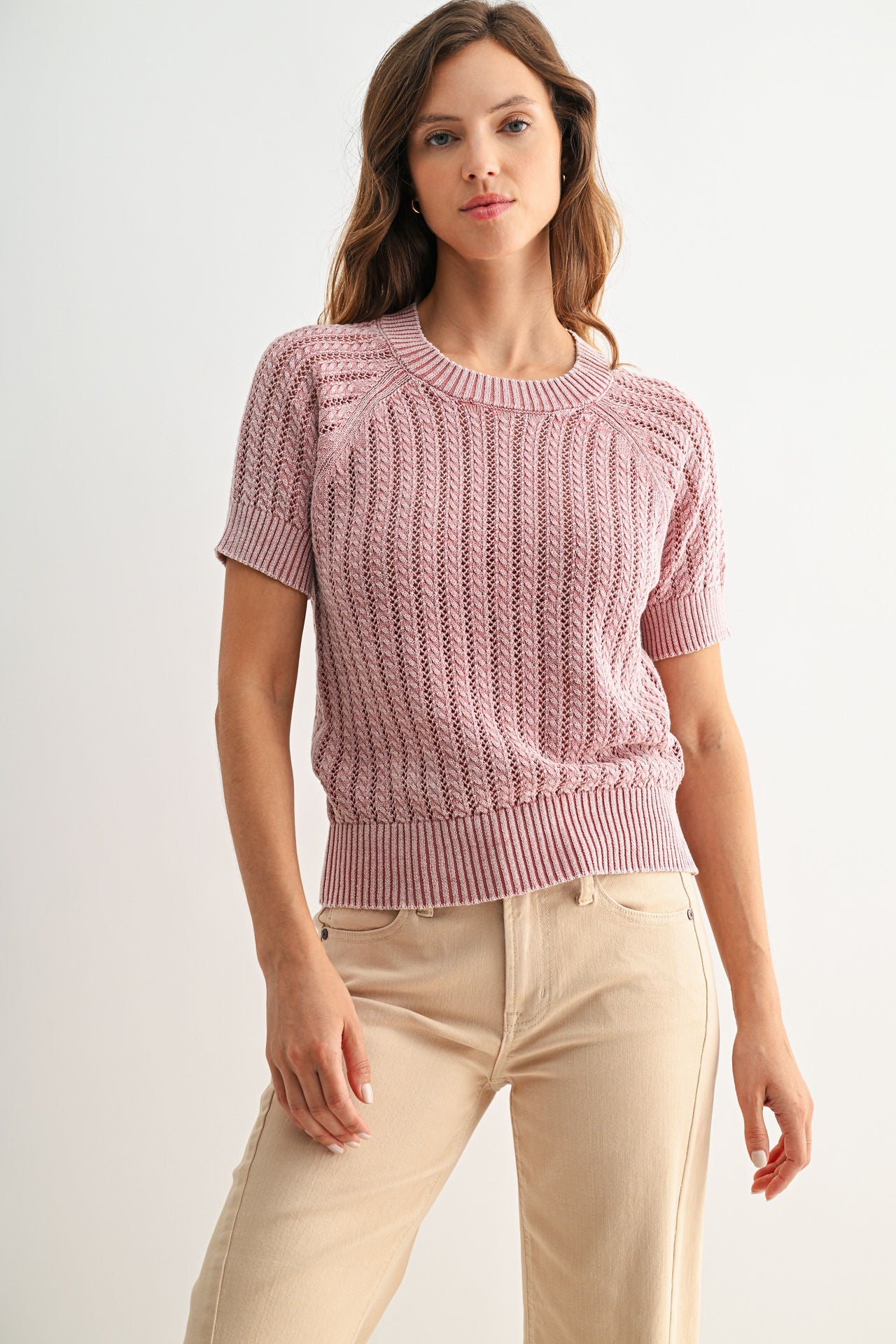 Conch Short Sleeve Acid Wash Crochet Top