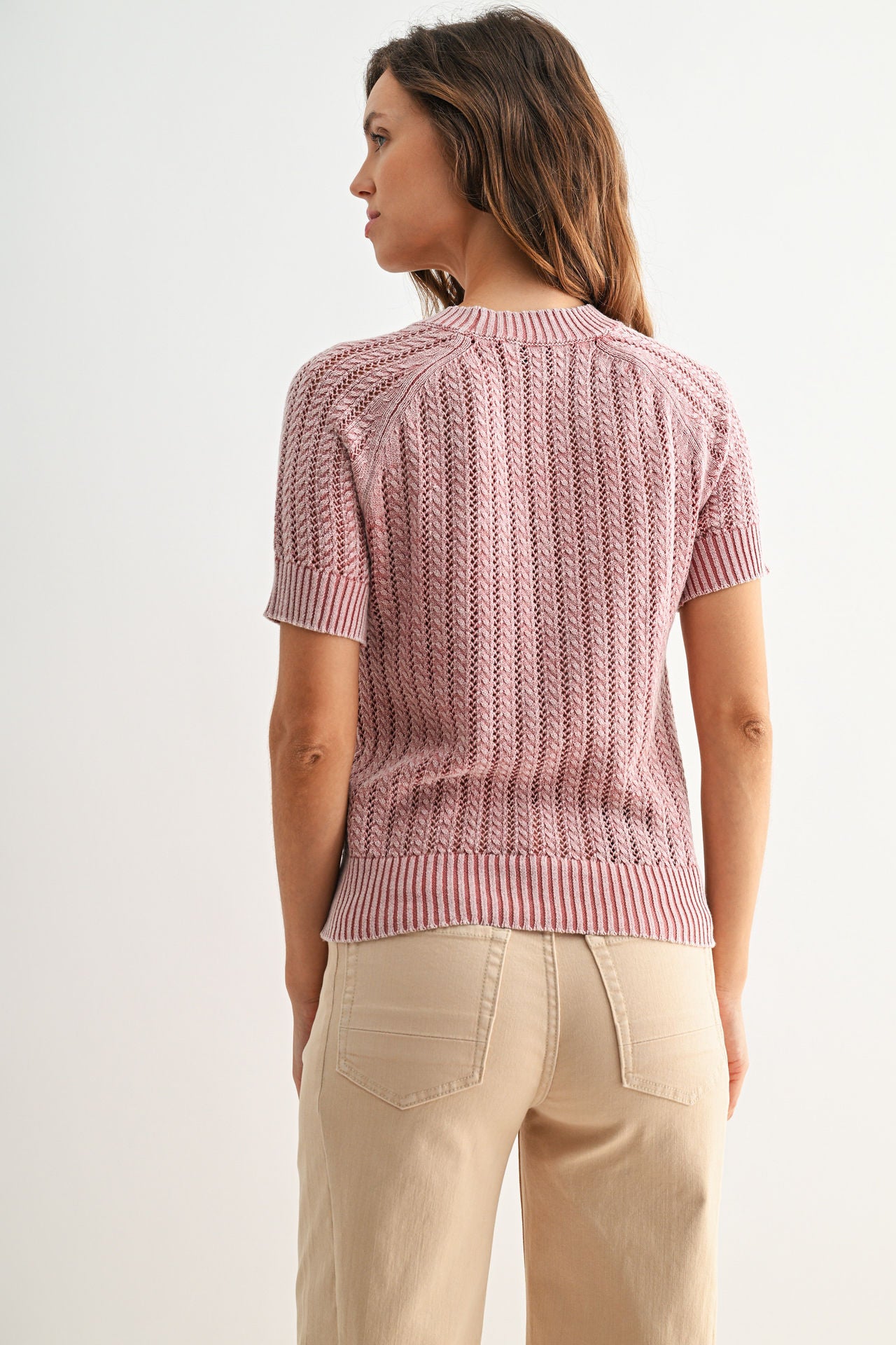 Conch Short Sleeve Acid Wash Crochet Top