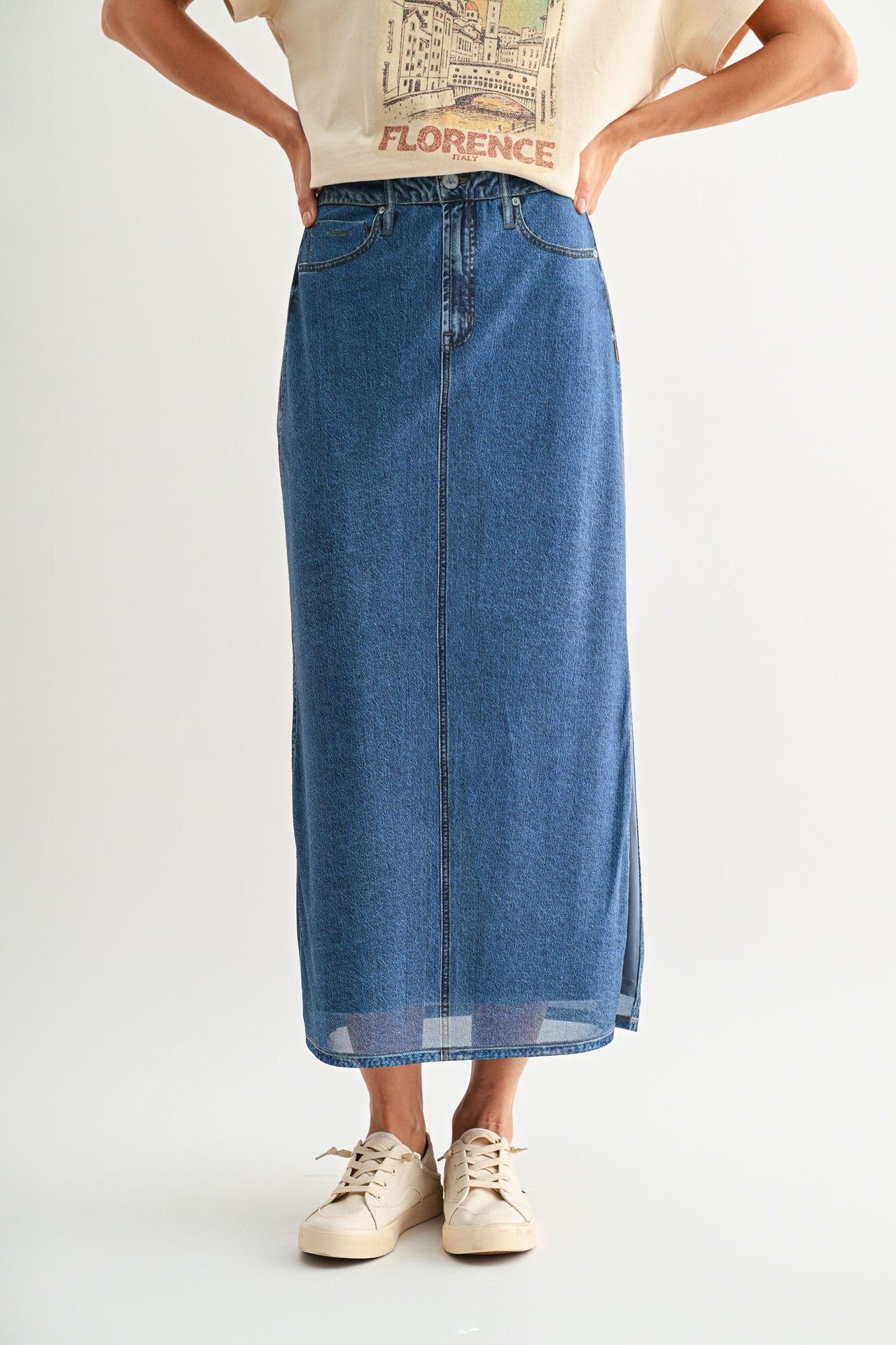 Indigo Denim Mesh Maxi Skirt
