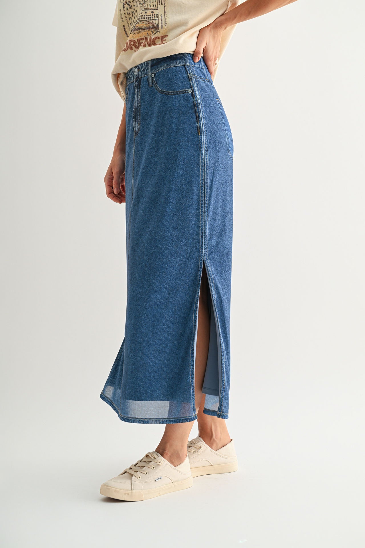 Indigo Denim Mesh Maxi Skirt