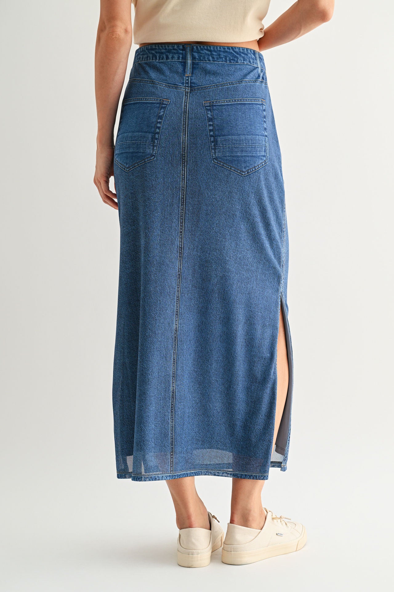 Indigo Denim Mesh Maxi Skirt