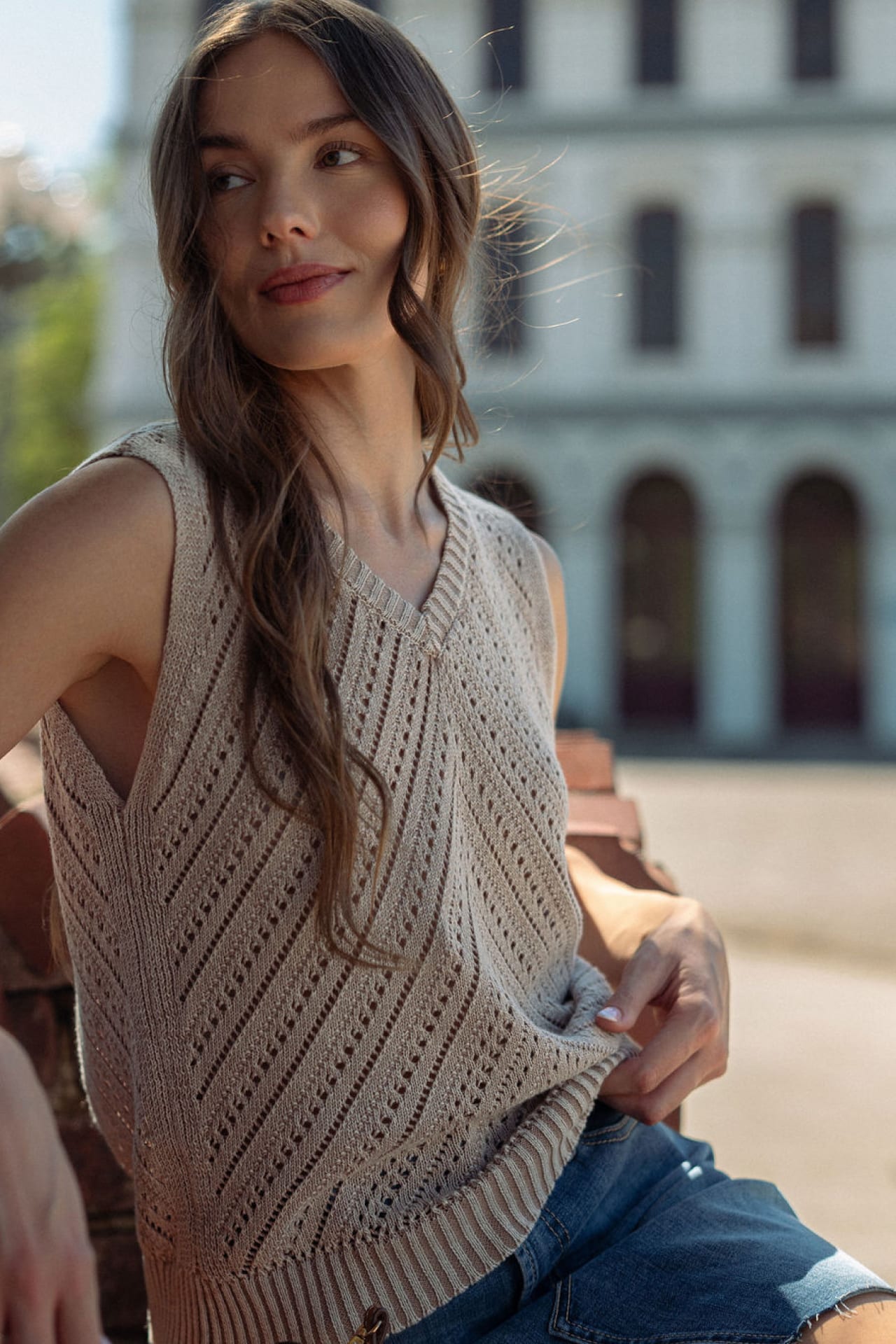 Sleeveless Acid Wash Crochet Top Latte