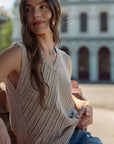 Sleeveless Acid Wash Crochet Top Latte