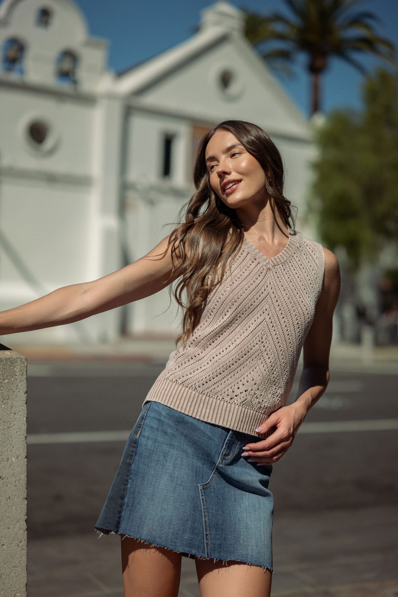 Sleeveless Acid Wash Crochet Top Latte 