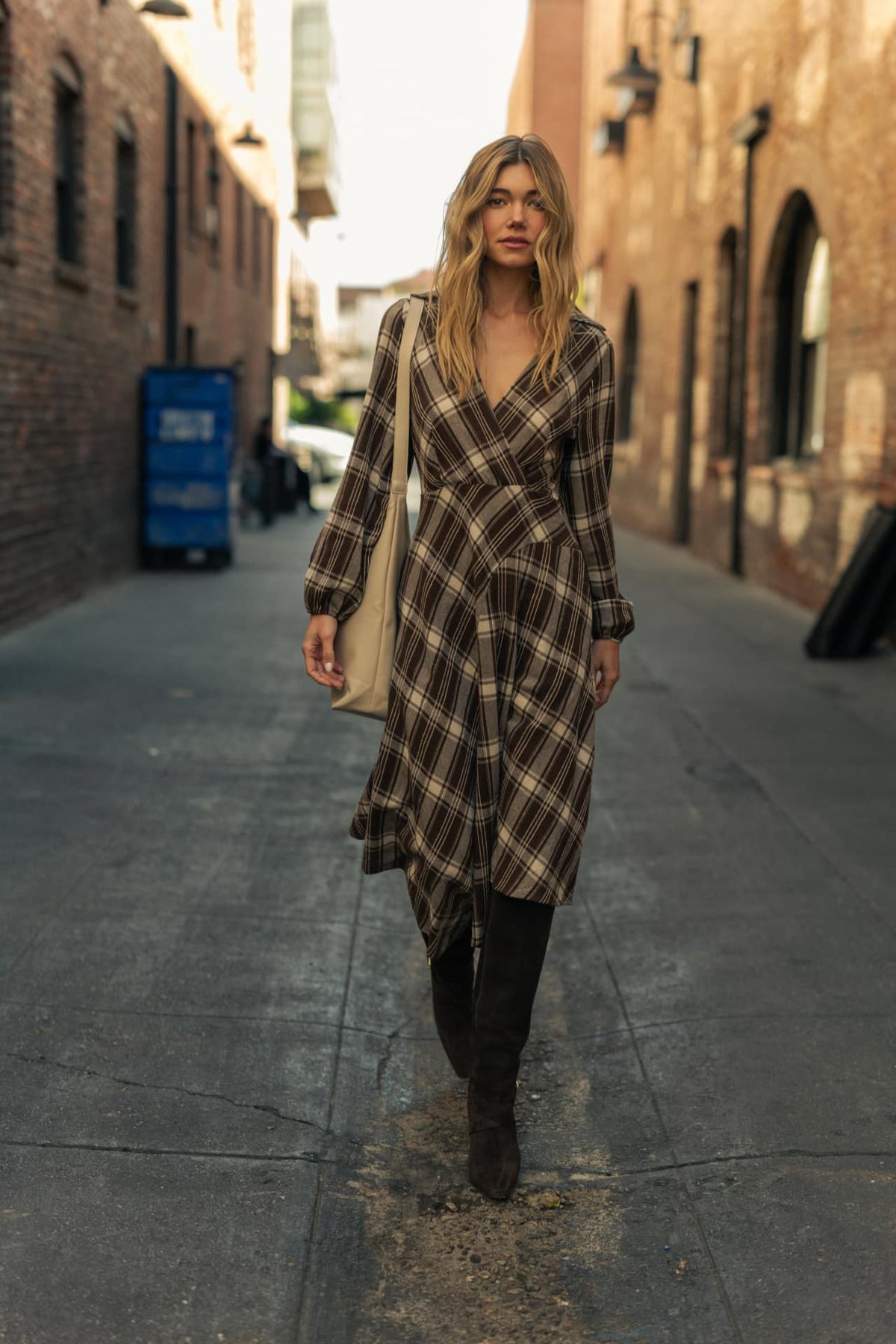 Brown Plaid Long Sleeve Asymmetric Hem Dress
