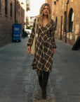 Brown Plaid Long Sleeve Asymmetric Hem Dress