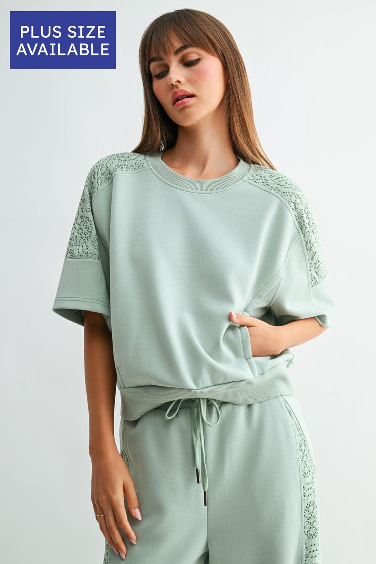 Soft Sage Plus-Size Short Sleeve Lace Mixed Sweatshirt
