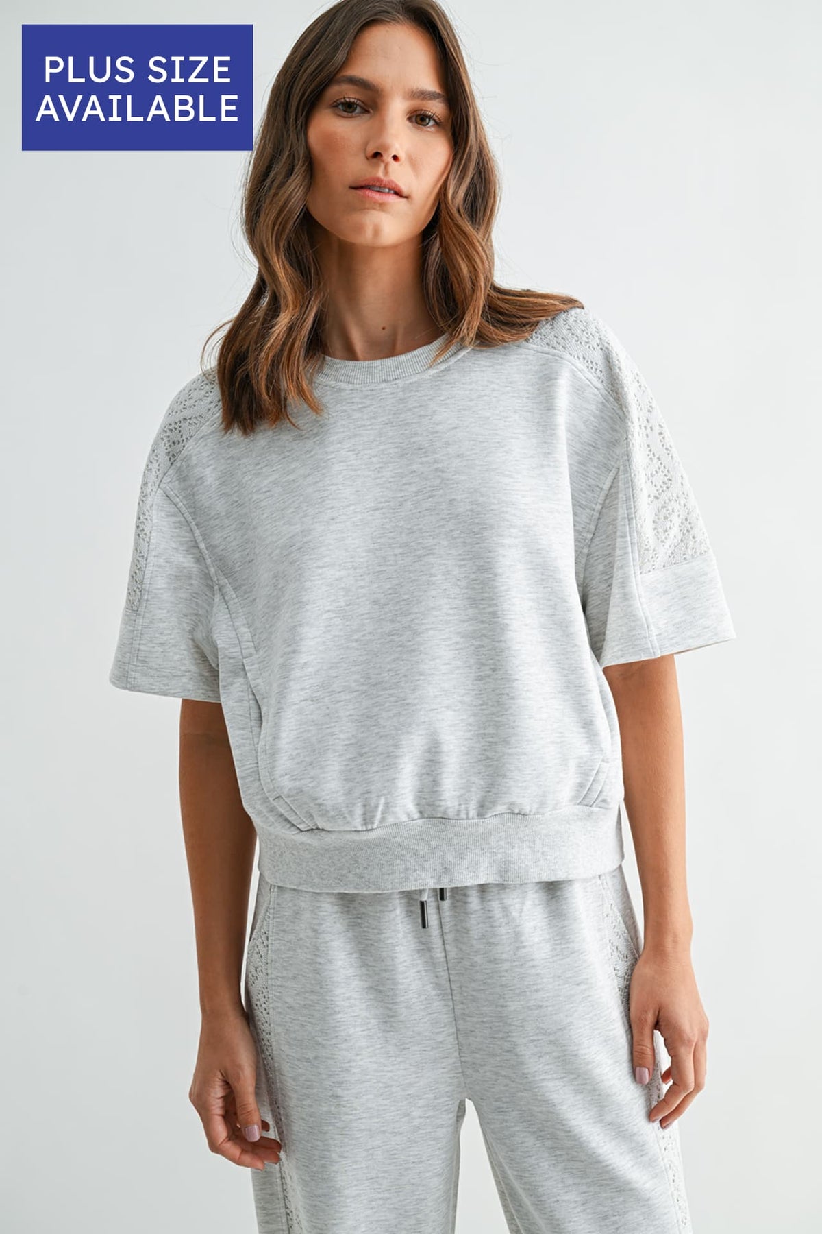 Heather Grey Plus-Size Short Sleeve Lace Mixed Sweatshirt