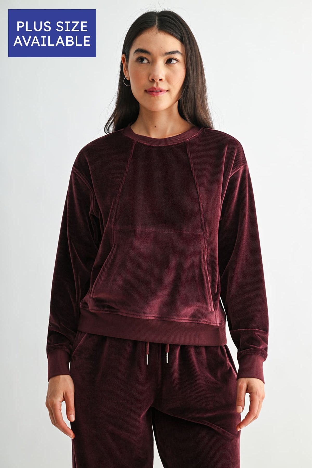 Burgundy Plus-Size Long Sleeve Seamed Sweatshirt