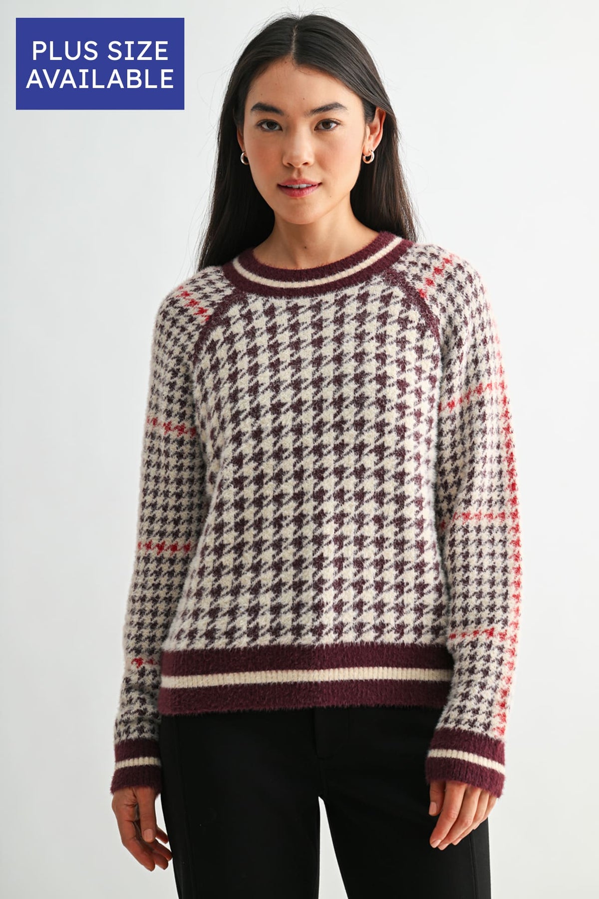 Burgundy Houndstooth Plus-Size Long Sleeve Raglan Sleeve Sweater