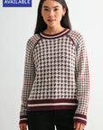 Burgundy Houndstooth Plus-Size Long Sleeve Raglan Sleeve Sweater
