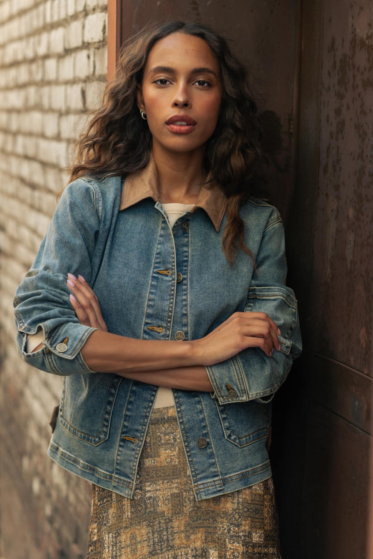 Indigo Denim Shacket with Suede Collar